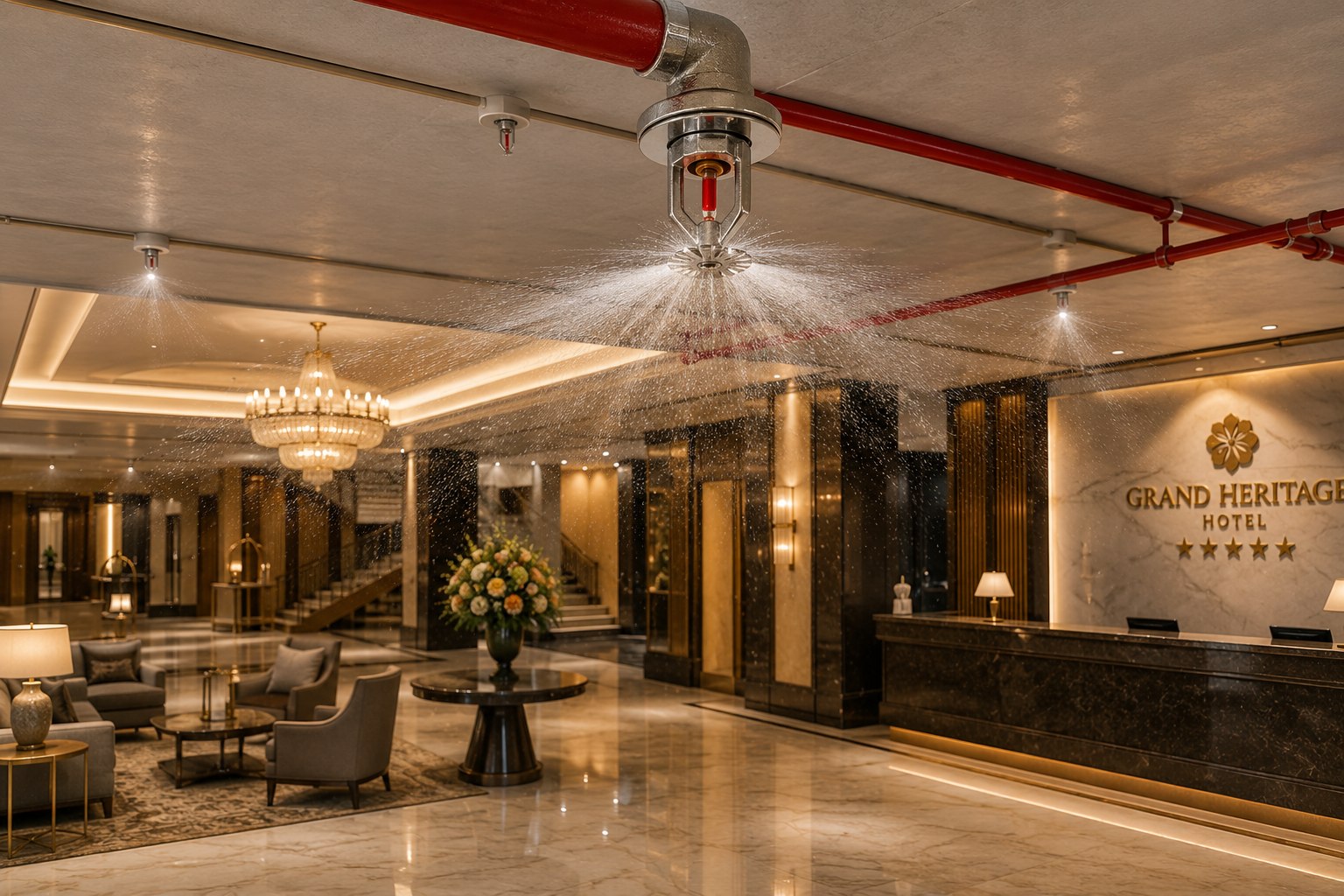 Fire sprinkler system installed in hotel lobby