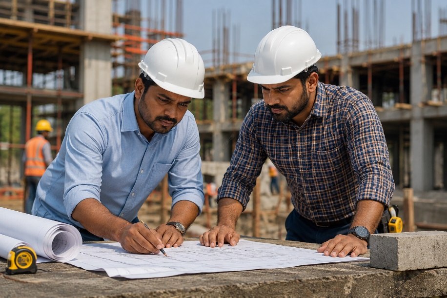 Civil engineers reviewing structural plans on site