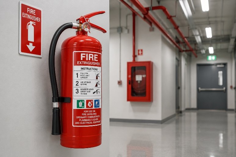 Red fire extinguisher close-up